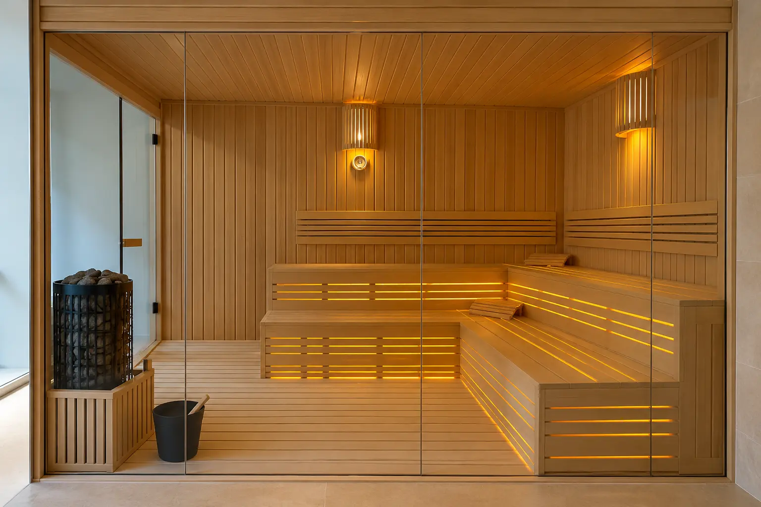 Indoor Panoramic sauna installation — Interior benching
