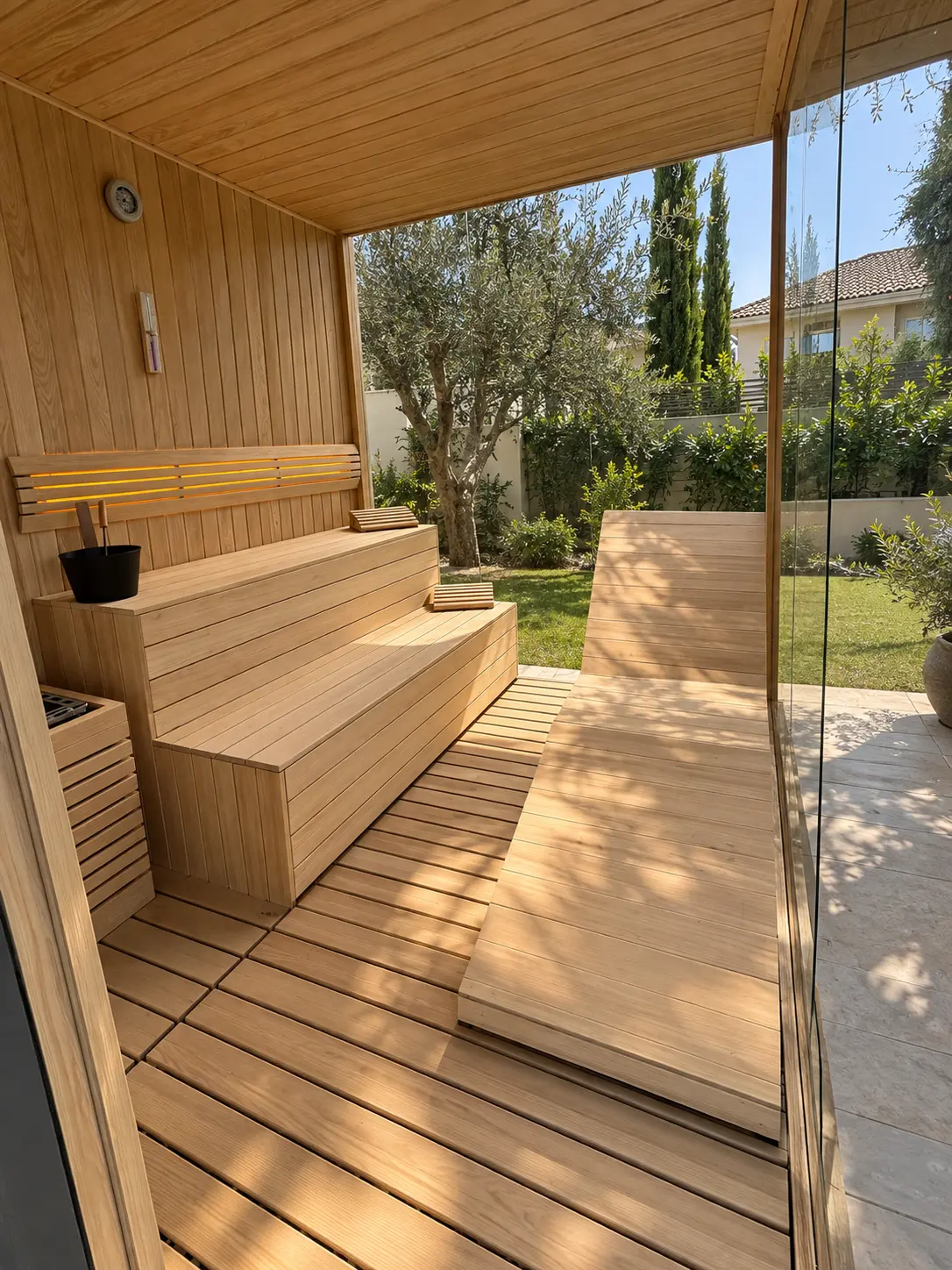 Panoramic Full Glass sauna installation — Garden view interior