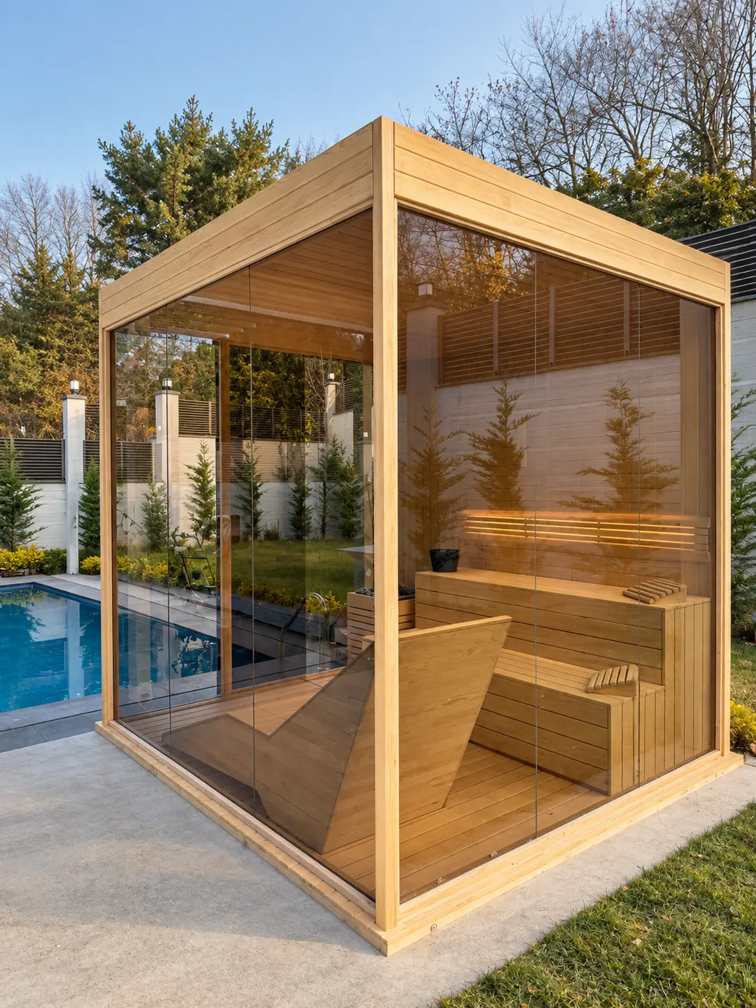 Panoramic Full Glass sauna installation — Terrace estate