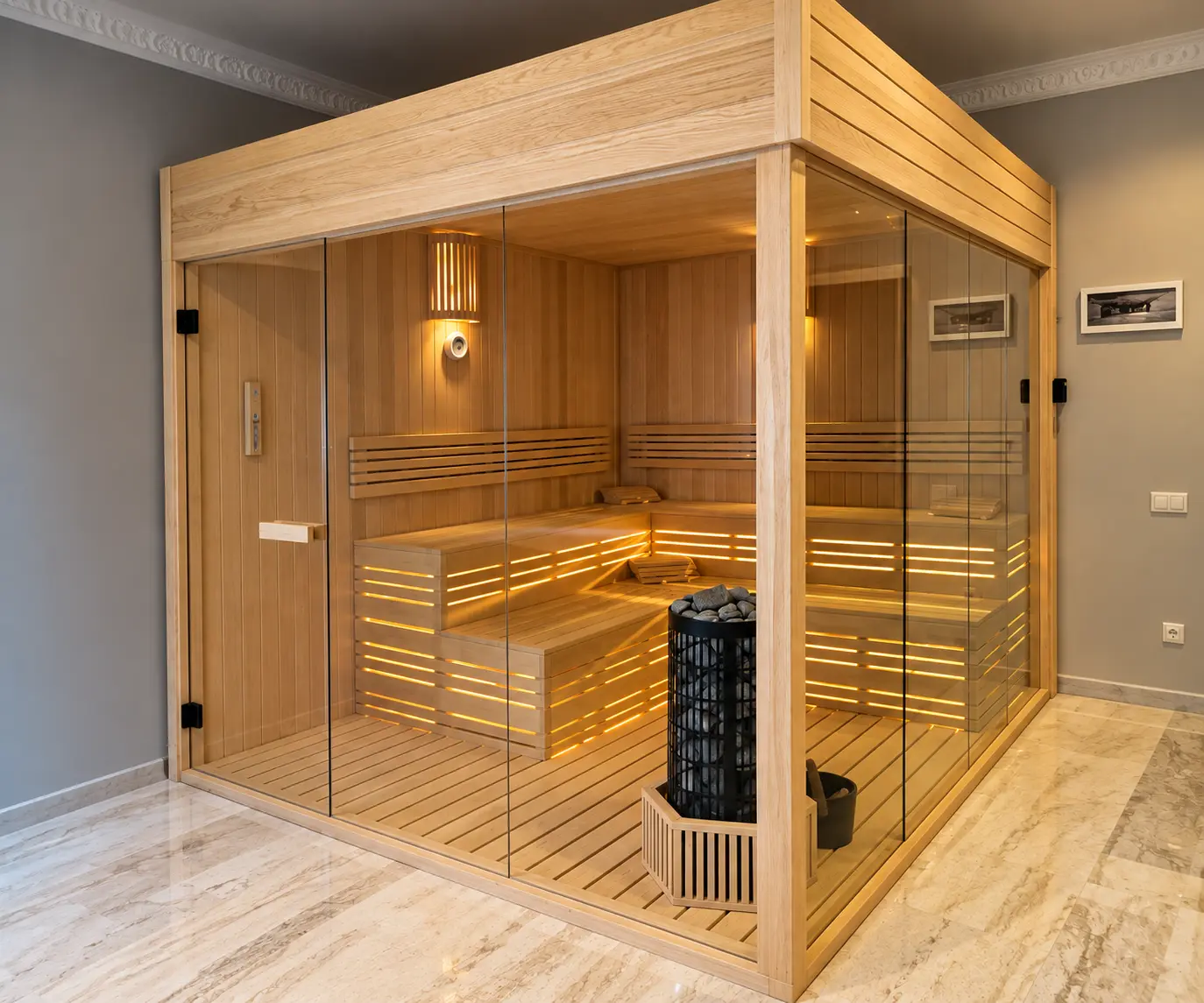 Indoor Sauna sauna installation — Master suite glass room