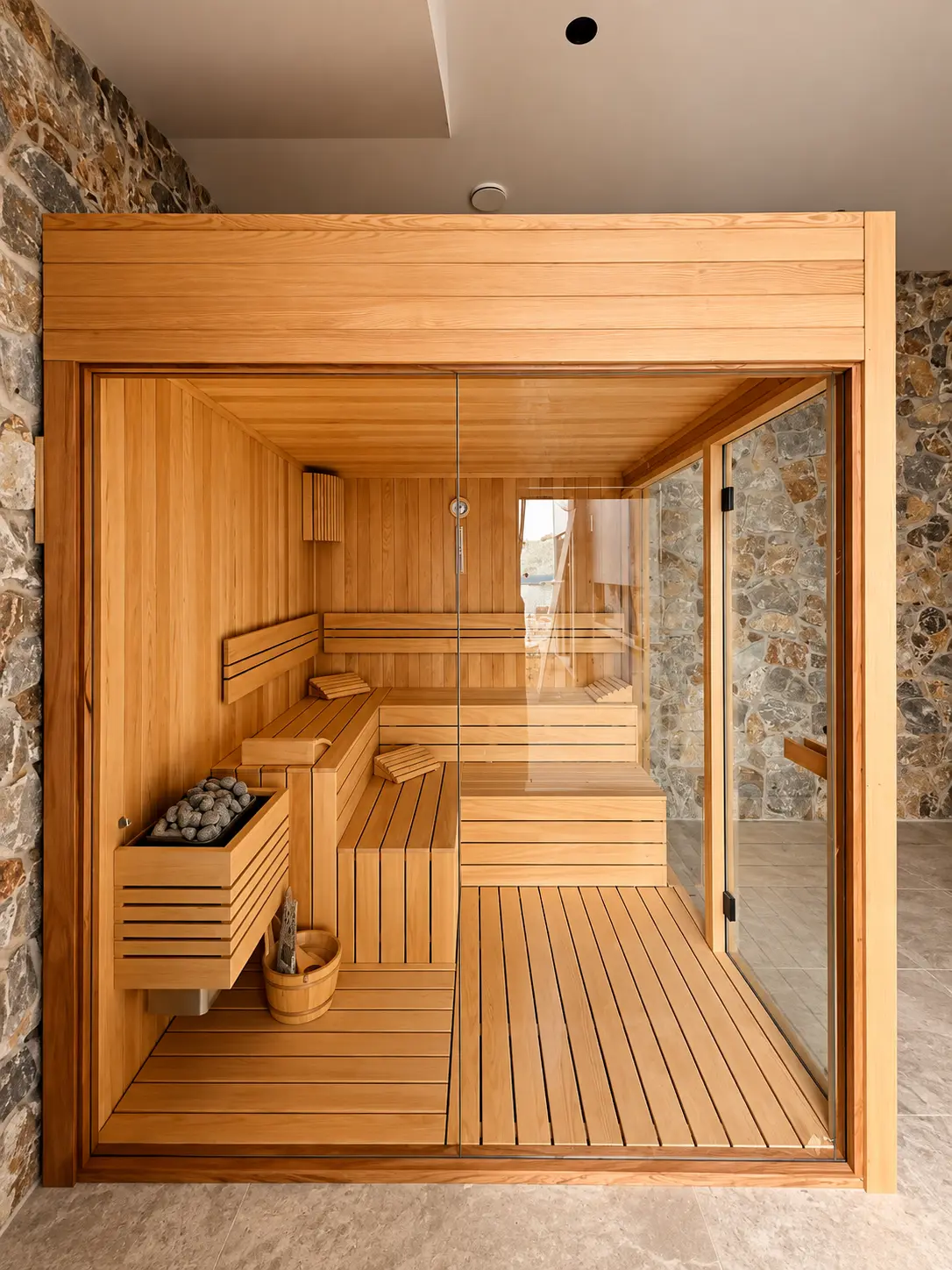 Indoor Sauna sauna installation — Recessed stone wall