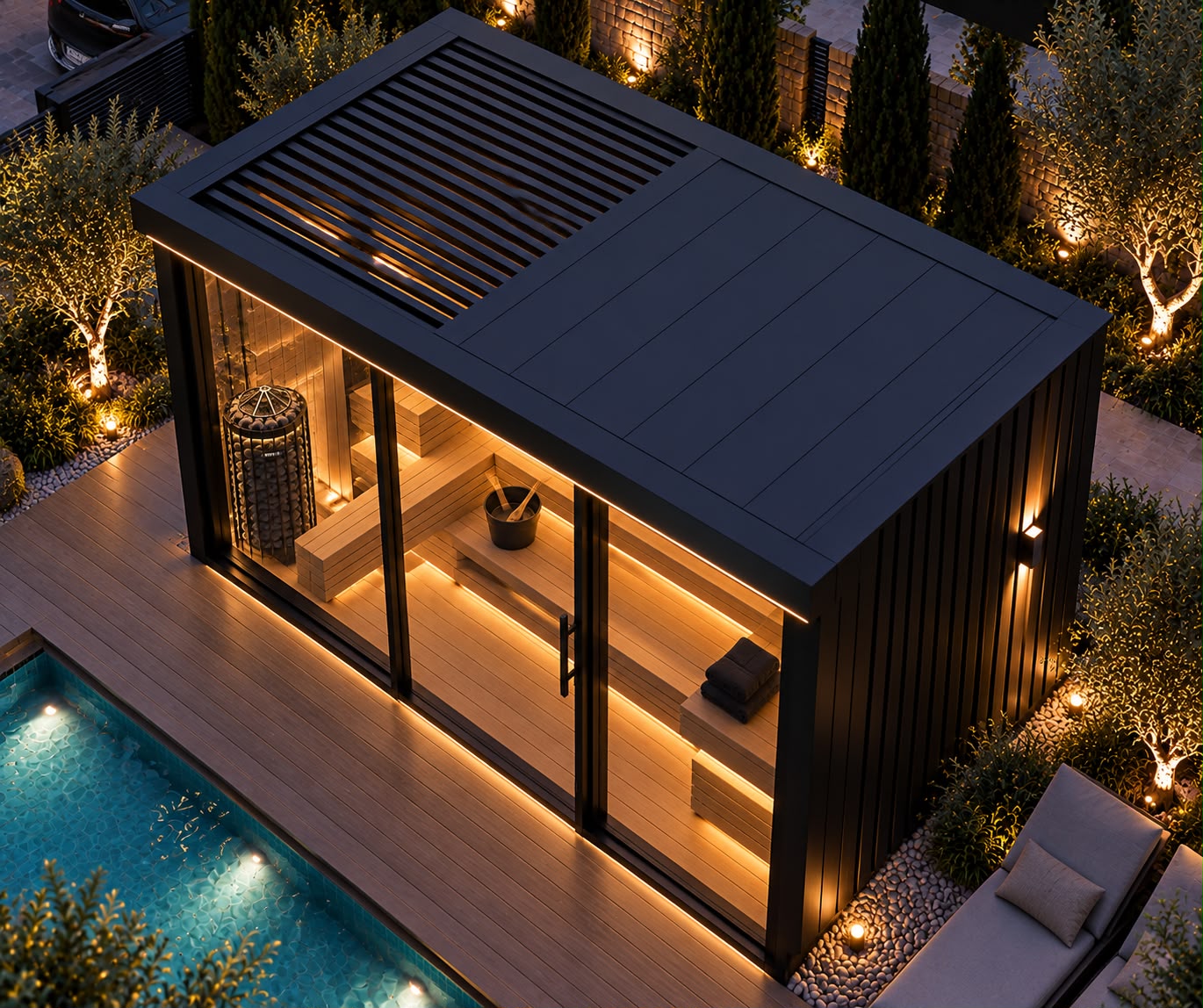 Black-framed sauna cabin with warmly lit glass walls beside a swimming pool at dusk