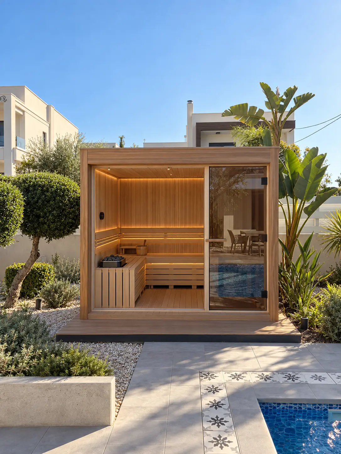 Classic sauna installation — Private pool deck