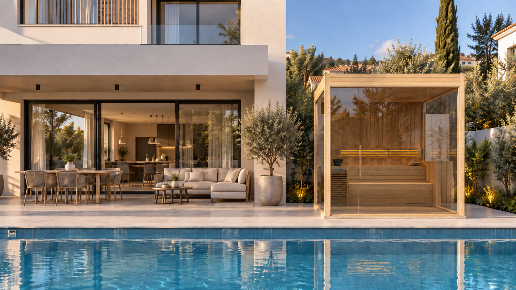 Completed NINETY° glass sauna on a Cyprus villa pool terrace in evening light