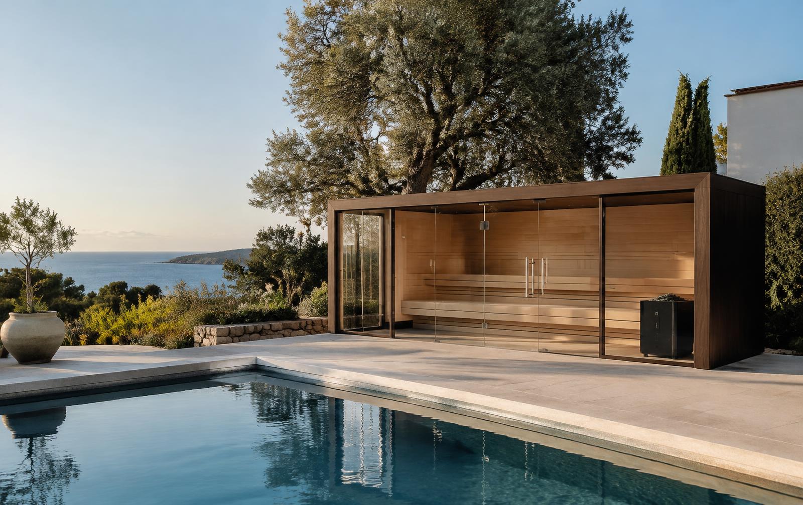 Bespoke poolside sauna specified alongside a villa's architecture