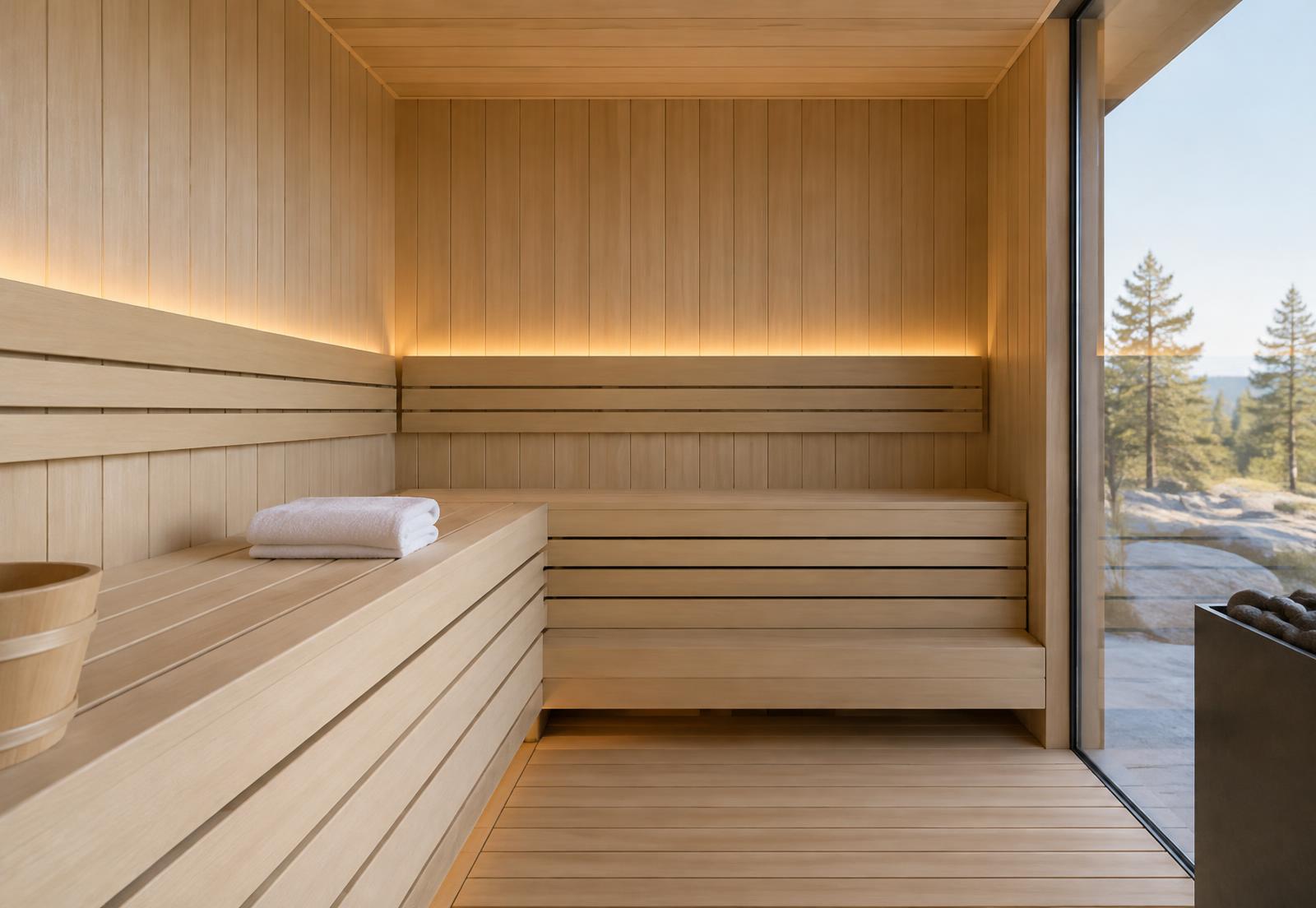 Warm pale timber sauna interior with a full-height glass wall