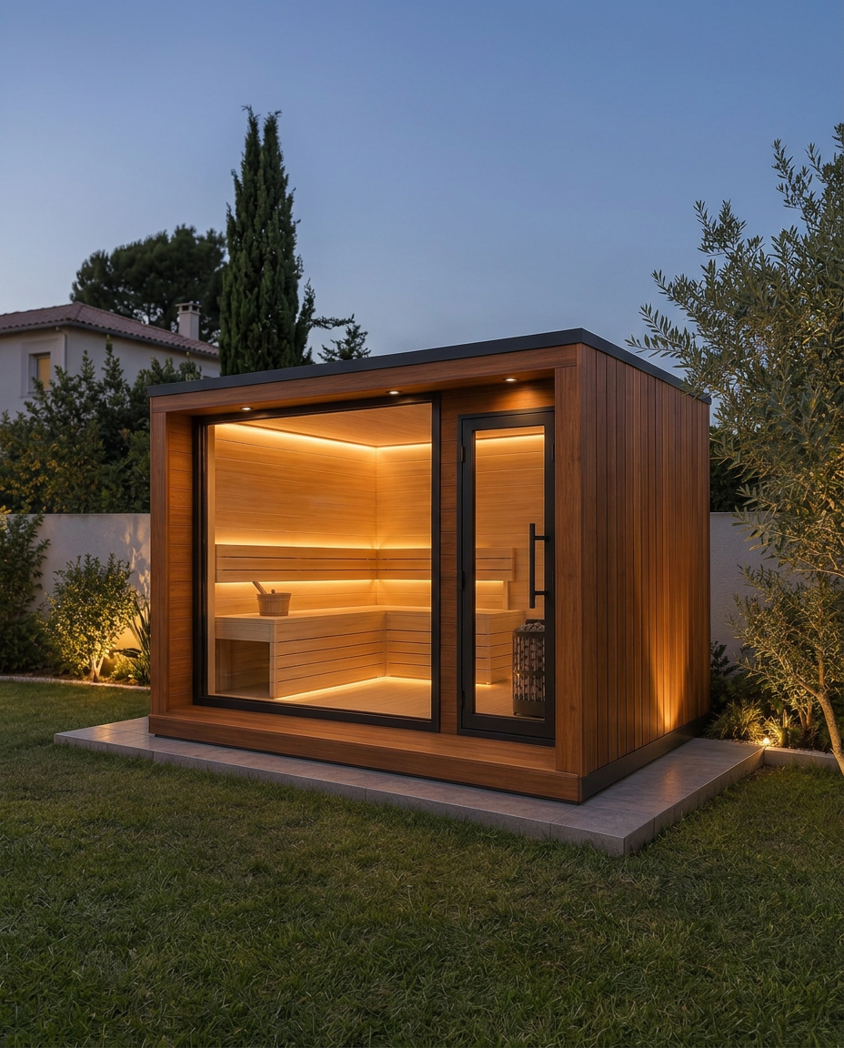 Freestanding timber sauna in a landscaped garden at dusk